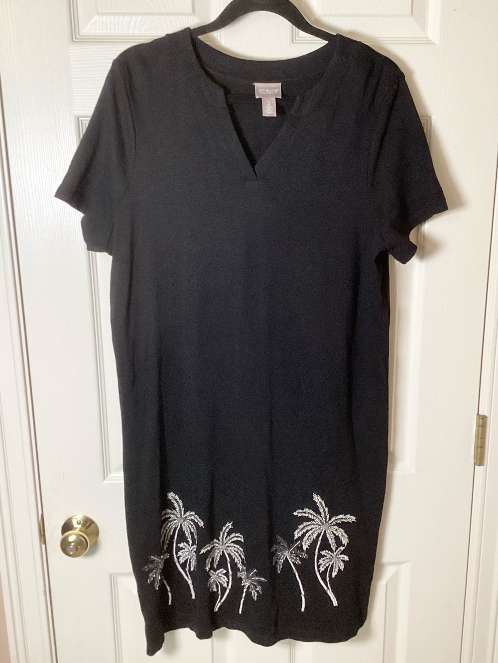 Chico's Black Palm Tree Embroidered Short Sleeve Dress - Medium/Chico’s 2